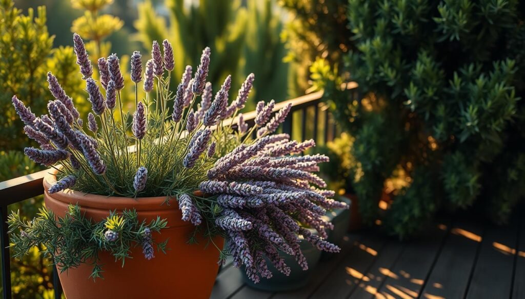 A lush and inviting balcony scene, bathed in warm, golden afternoon light. In the foreground, a terracotta planter overflows with cascading stalks of fragrant lavender, their delicate purple hues complemented by the verdant sprigs of rosemary and thyme. Lush, evergreen foliage creates a tranquil backdrop, framing the scene and drawing the eye towards the harmonious arrangement of plants. Soft shadows dance across the weathered wooden planks, evoking a sense of peace and homeliness. The overall composition exudes a timeless, Mediterranean ambiance, perfectly capturing the essence of classic, evergreen balcony plants.