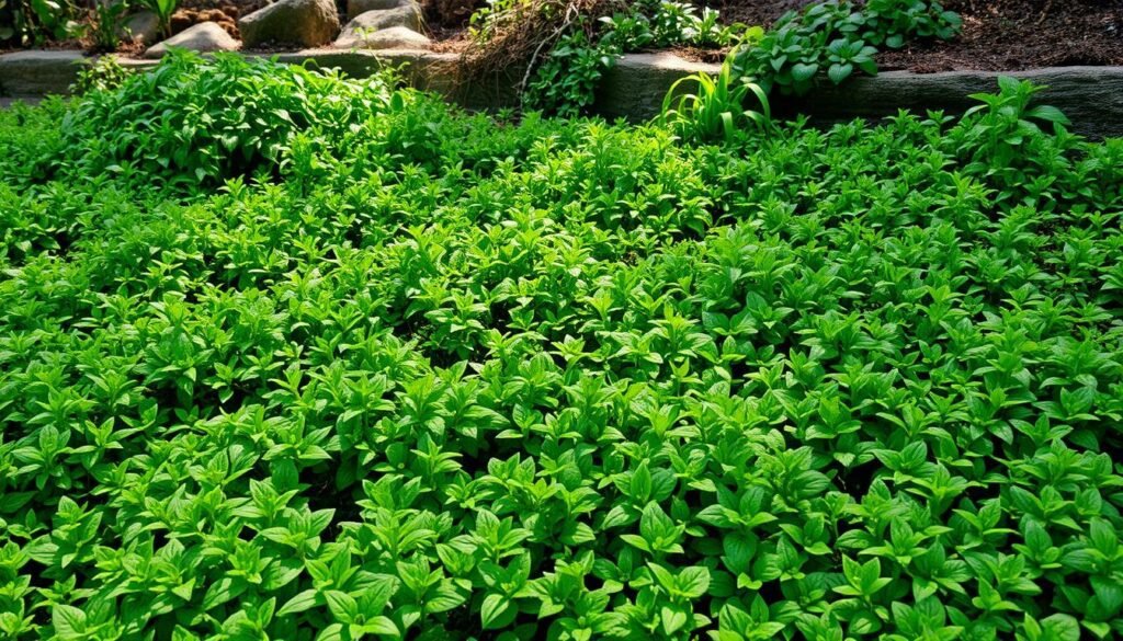 A lush and verdant carpet of fast-growing ground cover plants, creating a vibrant and inviting scene. In the foreground, a diverse array of low-growing foliage in shades of green, with delicate textures and intricate patterns. The middle ground features a mix of trailing vines and spreading foliage, softly cascading over the edges of raised beds or rocky features. In the background, a natural, organic landscape with hints of earthy tones and dappled sunlight filtering through, adding depth and dimension to the composition. The overall atmosphere is one of vibrant growth, a sense of renewal and rejuvenation, inviting the viewer to imagine transforming barren areas into thriving, lush garden oases. A lush and verdant carpet of fast-growing ground cover plants, creating a vibrant and inviting scene. In the foreground, a diverse array of low-growing foliage in shades of green, with delicate textures and intricate patterns. The middle ground features a mix of trailing vines and spreading foliage, softly cascading over the edges of raised beds or rocky features. In the background, a natural, organic landscape with hints of earthy tones and dappled sunlight filtering through, adding depth and dimension to the composition. The overall atmosphere is one of vibrant growth, a sense of renewal and rejuvenation, inviting the viewer to imagine transforming barren areas into thriving, lush garden oases.