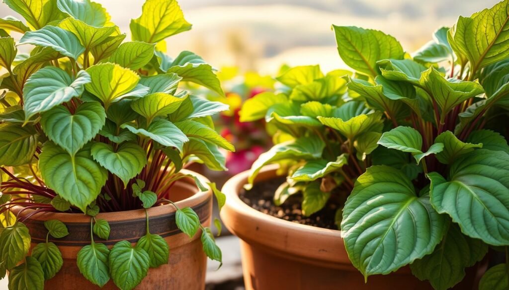 A lush and vibrant Funkien Topfgarten Beet bathed in soft, warm lighting, captured with a wide-angle lens to showcase the harmonious arrangement of the plants. In the foreground, verdant Funkien leaves in shades of green and variegated patterns cascade gracefully over the edge of a rustic terracotta pot. The middle ground features a well-tended garden bed, where additional Funkien plants thrive, their broad foliage creating a sense of depth and texture. The background softly fades into a blurred, natural landscape, hinting at the serene outdoor setting. The overall composition conveys a sense of tranquility and the beauty of these captivating perennial plants in their ideal growing environment.