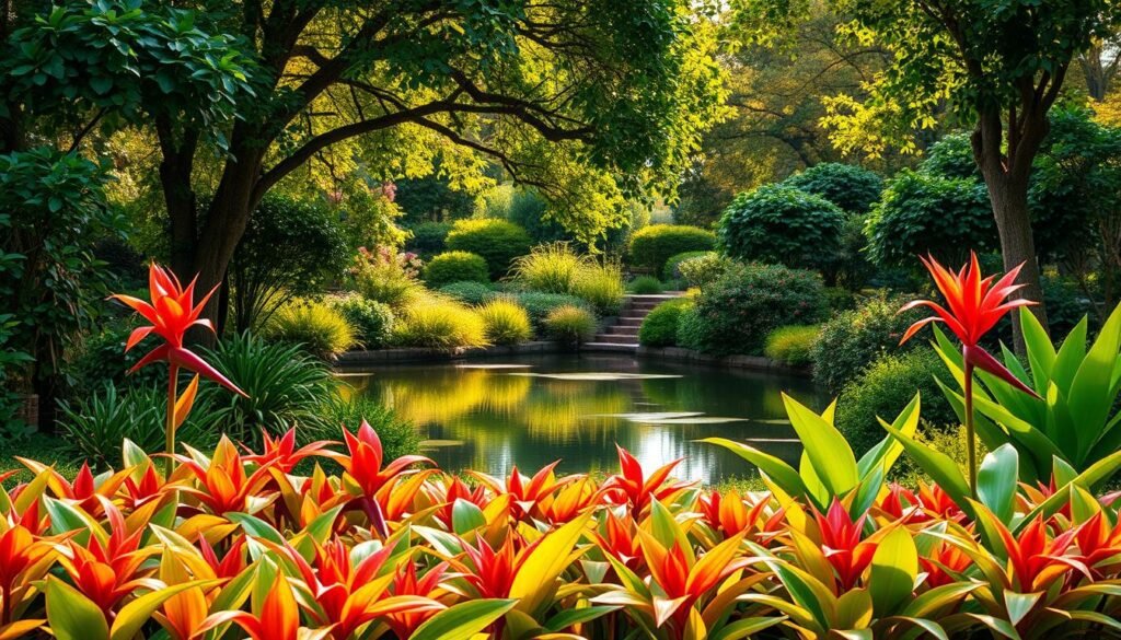 A lush and vibrant Funkien garden design. In the foreground, a well-manicured bed of colorful Funkien plants, their large, ornate leaves cascading gracefully. Tall, arching stems support the foliage, creating a sense of depth and movement. In the middle ground, a tranquil pond reflects the surrounding greenery, its still surface interrupted by the occasional ripple. Framing the scene, a backdrop of mature trees and shrubs, their verdant canopies filtering the warm, golden sunlight that casts a soft, natural glow over the entire composition. The overall atmosphere is one of serene, botanical harmony, showcasing the versatility and beauty of Funkien plants in a meticulously designed garden setting.