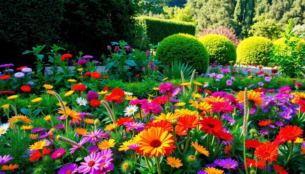 A lush and vibrant garden bed with a harmonious blend of colorful flowering plants. In the foreground, a mix of boldly hued annuals and perennials, their petals softly illuminated by warm, natural light. The middle ground features a thoughtful arrangement of complementary foliage plants, their leaves casting gentle shadows. In the background, a backdrop of verdant, well-tended shrubs and trees creates a sense of depth and tranquility. The overall scene exudes a serene, picturesque atmosphere, inviting the viewer to imagine strolling through this beautifully designed garden space. A lush and vibrant garden bed with a harmonious blend of colorful flowering plants. In the foreground, a mix of boldly hued annuals and perennials, their petals softly illuminated by warm, natural light. The middle ground features a thoughtful arrangement of complementary foliage plants, their leaves casting gentle shadows. In the background, a backdrop of verdant, well-tended shrubs and trees creates a sense of depth and tranquility. The overall scene exudes a serene, picturesque atmosphere, inviting the viewer to imagine strolling through this beautifully designed garden space.