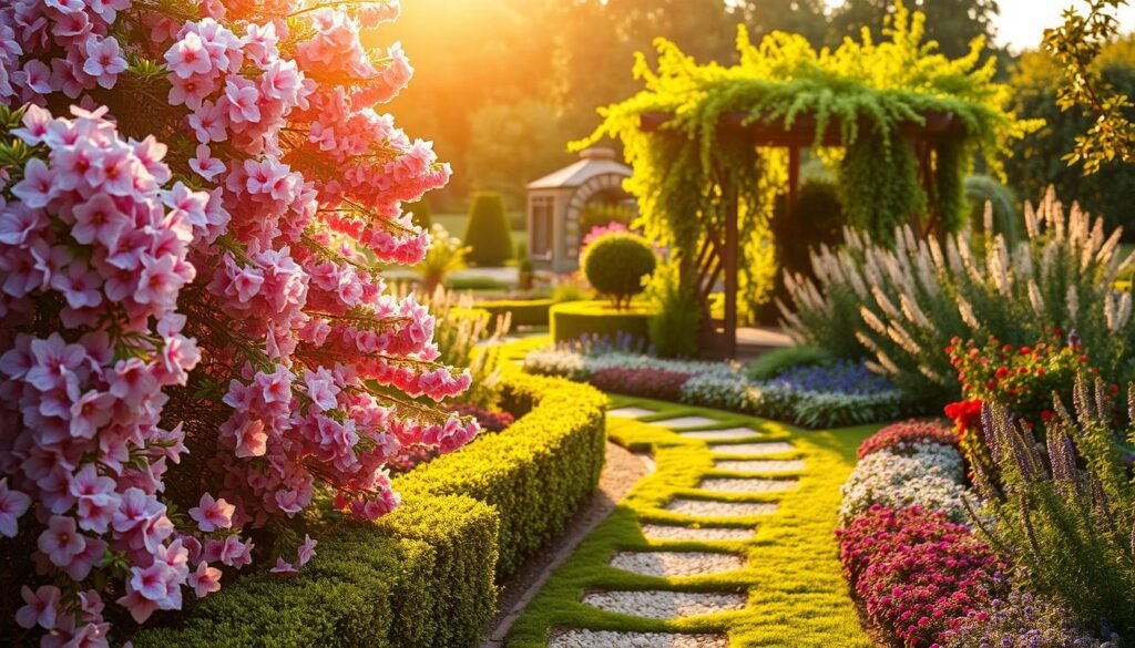 A lush and vibrant garden scene, bathed in warm, golden sunlight. In the foreground, an abundance of fragrant blooms in shades of pink, purple, and white cascade over neatly trimmed hedges, their petals gently swaying in a soft breeze. The middle ground features a winding path meandering through the garden, flanked by beds of colorful perennials and herbs, their delicate aromas mingling in the air. In the background, a picturesque gazebo or trellis is partially obscured by the verdant foliage, creating a sense of depth and mystery. The overall composition conveys a serene, inviting atmosphere, perfectly capturing the essence of "duftende Blütenpracht" for the featured article section. A lush and vibrant garden scene, bathed in warm, golden sunlight. In the foreground, an abundance of fragrant blooms in shades of pink, purple, and white cascade over neatly trimmed hedges, their petals gently swaying in a soft breeze. The middle ground features a winding path meandering through the garden, flanked by beds of colorful perennials and herbs, their delicate aromas mingling in the air. In the background, a picturesque gazebo or trellis is partially obscured by the verdant foliage, creating a sense of depth and mystery. The overall composition conveys a serene, inviting atmosphere, perfectly capturing the essence of "duftende Blütenpracht" for the featured article section.