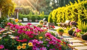 A lush and vibrant garden scene featuring an array of blooming flowers and plants, set against a backdrop of a beautifully designed terrace. In the foreground, a well-manicured flower bed bursts with colorful perennials and annuals, their petals gently swaying in a soft breeze. The middle ground showcases a stylish stone or wooden terrace, adorned with potted plants and elegant outdoor furniture, inviting viewers to imagine relaxing and enjoying the tranquil setting. In the background, a verdant border of shrubbery and trees frames the scene, creating a sense of depth and natural harmony. Warm, golden sunlight filters through the foliage, casting a serene, inviting glow over the entire composition. The overall atmosphere is one of comfortable elegance, showcasing the perfect balance of lush greenery and thoughtful design.