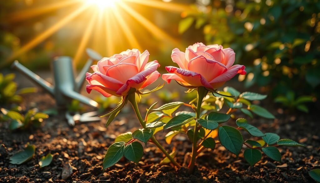 A lush and vibrant lenzrose in full bloom, its delicate petals unfurling in the soft morning light. The plant is situated in a well-tended garden bed, surrounded by rich, loamy soil and verdant foliage. The camera captures the rose at a low angle, highlighting its graceful form and the intricate detail of its bloom. Warm, golden rays of sunlight filter through the scene, creating a serene and inviting atmosphere. In the background, a pair of pruning shears and a small watering can suggest the careful maintenance required to cultivate these beautiful flowers. The overall composition conveys a sense of harmony between the lenzrose and its natural environment, showcasing the beauty and resilience of this beloved springtime bloom. A lush and vibrant lenzrose in full bloom, its delicate petals unfurling in the soft morning light. The plant is situated in a well-tended garden bed, surrounded by rich, loamy soil and verdant foliage. The camera captures the rose at a low angle, highlighting its graceful form and the intricate detail of its bloom. Warm, golden rays of sunlight filter through the scene, creating a serene and inviting atmosphere. In the background, a pair of pruning shears and a small watering can suggest the careful maintenance required to cultivate these beautiful flowers. The overall composition conveys a sense of harmony between the lenzrose and its natural environment, showcasing the beauty and resilience of this beloved springtime bloom.