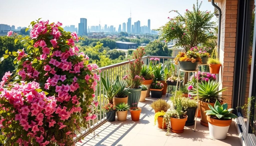 A lush and vibrant summer balcony, bathed in warm sunlight and overflowing with an array of trendy potted plants. In the foreground, a cluster of trailing vines and cascading flowers spill over the railing, creating a soft, romantic atmosphere. In the middle ground, an assortment of potted succulents, leafy greens, and colorful annuals are artfully arranged, forming a lush, harmonious display. In the background, the city skyline or a verdant garden vista provides a visually compelling backdrop, complementing the tranquil, inviting mood of the scene. The overall composition emphasizes the beauty and versatility of modern, on-trend balcony gardening, capturing the essence of an urban oasis.