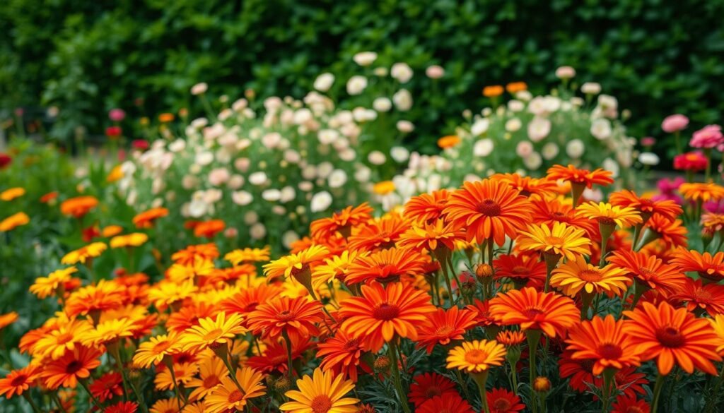 A lush and vibrant summer garden, overflowing with a magnificent floral display. In the foreground, a vibrant array of blooming flowers in warm hues of red, yellow, and orange, their petals gently swaying in a soft breeze. The middle ground features a mix of delicate pastel blossoms, creating a harmonious color palette that captures the essence of a thriving summer garden. In the background, a verdant backdrop of lush foliage provides a natural frame, adding depth and dimension to the scene. The lighting is soft and diffused, illuminating the flowers and casting gentle shadows, evoking a serene and tranquil atmosphere. Captured with a wide-angle lens to showcase the full grandeur of the floral display, this image serves as a beautiful representation of the beauty and importance of flowers in the summer garden.
