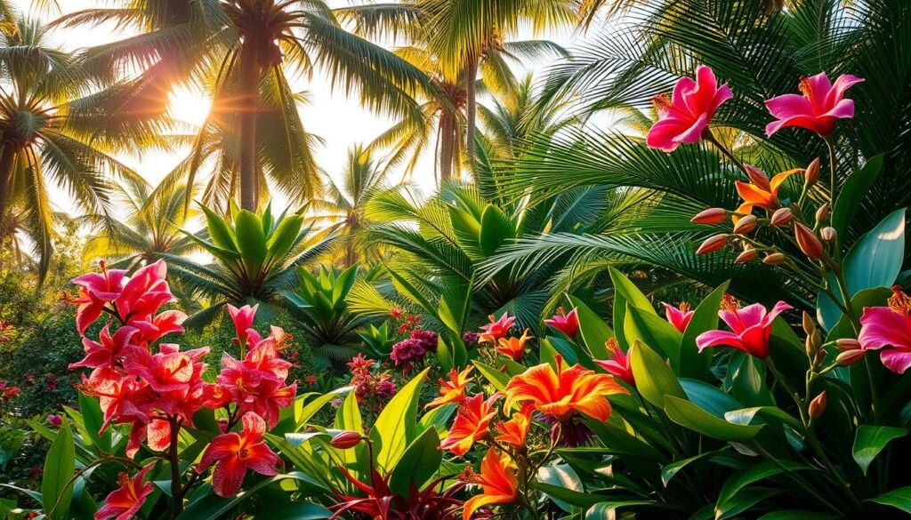 A lush and vibrant tropical garden bursting with an exquisite array of exotic blooms. Vividly colored petals unfurl in graceful patterns, their delicate forms bathed in warm, golden light filtering through a canopy of verdant foliage. Towering palms sway gently in a soft breeze, their fronds casting playful shadows across the scene. In the foreground, a profusion of captivating flowers - bold orchids, delicate hibiscus, and lush, cupped lilies - command the viewer's attention, their intricate details and striking hues creating a mesmerizing visual tapestry. Layers of depth and texture evoke a sense of lush, tropical abundance, inviting the observer to immerse themselves in the enchanting beauty of this exotic botanical paradise. A lush and vibrant tropical garden bursting with an exquisite array of exotic blooms. Vividly colored petals unfurl in graceful patterns, their delicate forms bathed in warm, golden light filtering through a canopy of verdant foliage. Towering palms sway gently in a soft breeze, their fronds casting playful shadows across the scene. In the foreground, a profusion of captivating flowers - bold orchids, delicate hibiscus, and lush, cupped lilies - command the viewer's attention, their intricate details and striking hues creating a mesmerizing visual tapestry. Layers of depth and texture evoke a sense of lush, tropical abundance, inviting the observer to immerse themselves in the enchanting beauty of this exotic botanical paradise.