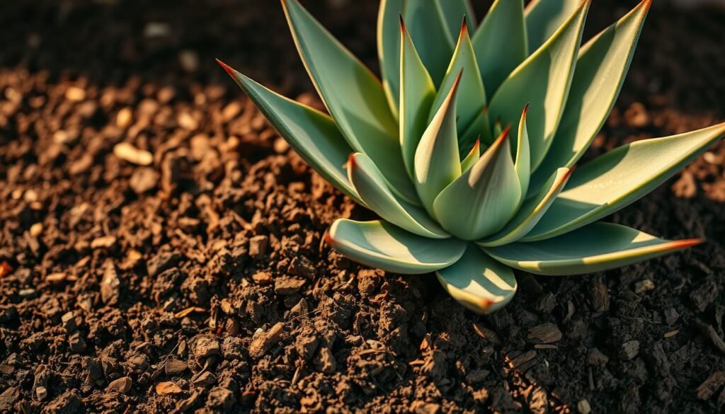 A lush, close-up view of a vibrant Agave plant nestled atop a textured, earthy substrate. The soil is a rich, dark brown, punctuated by subtle hints of organic matter and minerals. The plant's fleshy, pointed leaves radiate outward, casting dramatic shadows that play across the surface. Warm, diffused lighting illuminates the scene, creating a sense of serene, natural beauty. The overall composition emphasizes the intricate details of the Agave's structure and its harmonious integration with the carefully curated growth medium. A clean, uncluttered background allows the subject to take center stage, inviting the viewer to appreciate the plant's unique form and the thoughtful cultivation of its ideal growing environment.
