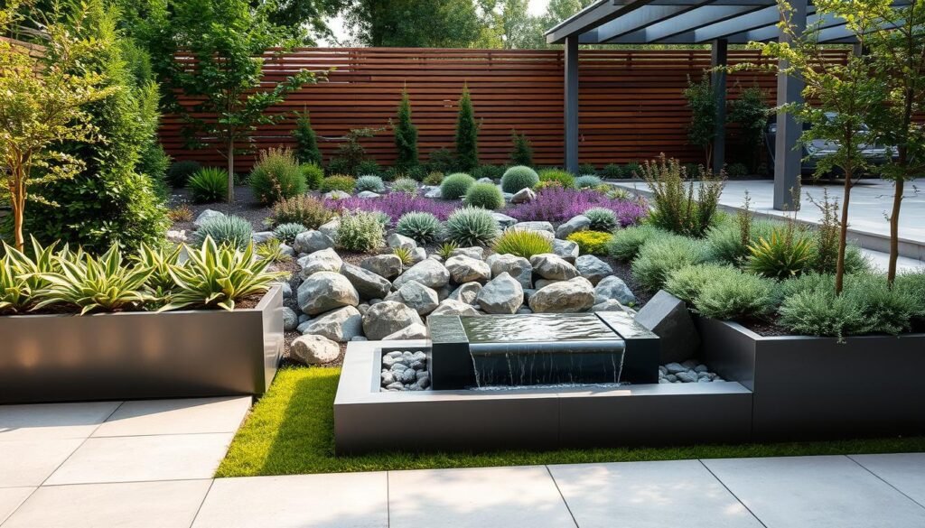 A lush contemporary garden showcasing a variety of modern materials and design elements. In the foreground, sleek metal planters and concrete pavers arranged in a minimalist pattern. A central water feature with a gentle cascading flow, its surface reflecting the natural light. Midground features a mix of sculptural shrubs and perennials in muted tones, complemented by smooth river rocks. In the background, a slatted wood fence and a modern pergola structure, casting dynamic shadows across the scene. The overall atmosphere is one of clean lines, natural textures, and a sense of balance and tranquility. Soft, diffused lighting illuminates the scene, creating a serene and inviting ambiance. A lush contemporary garden showcasing a variety of modern materials and design elements. In the foreground, sleek metal planters and concrete pavers arranged in a minimalist pattern. A central water feature with a gentle cascading flow, its surface reflecting the natural light. Midground features a mix of sculptural shrubs and perennials in muted tones, complemented by smooth river rocks. In the background, a slatted wood fence and a modern pergola structure, casting dynamic shadows across the scene. The overall atmosphere is one of clean lines, natural textures, and a sense of balance and tranquility. Soft, diffused lighting illuminates the scene, creating a serene and inviting ambiance.