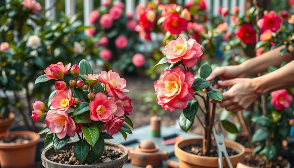 A lush, detailed scene depicting the care of camellias throughout the year. In the foreground, a potted camellia plant shows its vibrant flowers blooming in various stages, from tight buds to fully opened blossoms. The middle ground features a gardener's hands tenderly pruning and caring for the plant, with gardening tools and supplies nearby. The background showcases a serene garden setting, with other camellia bushes in different stages of growth and bloom, set against a soft, natural light. The overall scene conveys the dedicated, seasonal care required to maintain healthy, thriving camelias, matching the subject of "Camellia Care: Your Guide 🌱 for Beautiful Blooms" and the section title "Camellia: Tips for Optimal Care".