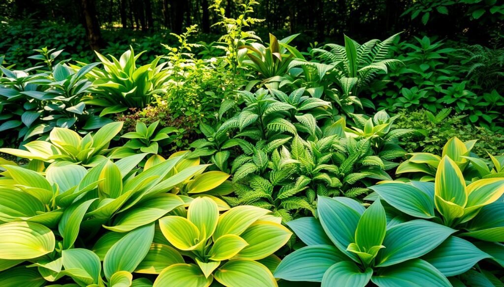 A lush display of diverse Funkien, or Hosta plants, showcased in a natural garden setting. In the foreground, vibrant foliage in shades of blue, green, and gold creates a captivating tapestry, with broad leaves ranging from the delicate Blue Mouse Ears to the bold Blaublatt variety. The middle ground features a mix of Funkien in various sizes and growth habits, artfully arranged to highlight their unique textures and forms. Dappled sunlight filters through the canopy above, casting subtle shadows and imbuing the scene with a warm, inviting atmosphere. The background suggests a tranquil woodland setting, with ferns and other complementary plants framing the Funkien display. This comprehensive showcase captures the remarkable Sortenvielfalt, or cultivar diversity, that makes Funkien such a versatile and beloved addition to any garden.