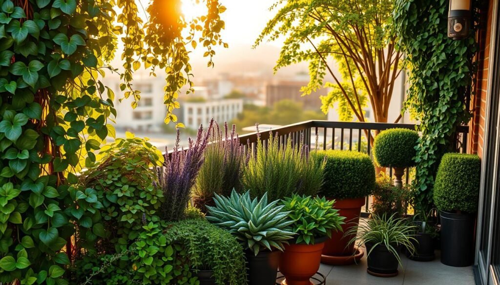 A lush, evergreen balcony set against a warm, golden afternoon sunlight. The foreground features a thriving array of verdant foliage - cascading ivy, vibrant ferns, and trailing succulents spilling over the railing. In the middle ground, a mix of potted plants, including fragrant lavender, rosemary, and compact boxwood shrubs, create a cohesive, harmonious composition. The background showcases a blurred cityscape, hinting at the urban setting while keeping the focus on the abundant, year-round greenery. The scene conveys a sense of tranquility, inviting the viewer to imagine themselves relaxing in this oasis of verdant beauty, untouched by the changing seasons.