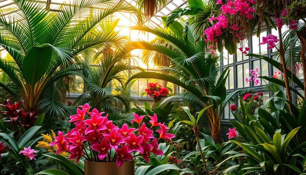 A lush, exotic greenhouse filled with vibrant tropical foliage. Towering palms, delicate orchids, and vibrant bromeliads create a captivating, verdant display. Soft, diffused natural light filters through large windows, casting a warm, golden glow over the scene. In the foreground, a sleek, modern display stand showcases a selection of exquisite exotic flowers, their petals unfurling in captivating hues of crimson, fuchsia, and deep indigo. The overall atmosphere is one of serene, natural beauty, inviting the viewer to immerse themselves in this oasis of exotic delights. A lush, exotic greenhouse filled with vibrant tropical foliage. Towering palms, delicate orchids, and vibrant bromeliads create a captivating, verdant display. Soft, diffused natural light filters through large windows, casting a warm, golden glow over the scene. In the foreground, a sleek, modern display stand showcases a selection of exquisite exotic flowers, their petals unfurling in captivating hues of crimson, fuchsia, and deep indigo. The overall atmosphere is one of serene, natural beauty, inviting the viewer to immerse themselves in this oasis of exotic delights.