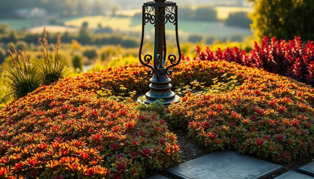 A lush, eye-catching arrangement of decorative ground cover plants surrounding a weathered garden ornament, under a warm, golden afternoon light. In the foreground, a tapestry of low-growing, textured foliage in shades of green, red, and purple cascades over the edges of a stone walkway. In the middle ground, a rustic iron trellis or obelisk stands as the centerpiece, its intricate silhouette casting dramatic shadows. The background features a blurred, verdant landscape, hinting at a larger, well-tended garden. The overall mood is one of natural beauty, tranquility, and a touch of rustic charm. A lush, eye-catching arrangement of decorative ground cover plants surrounding a weathered garden ornament, under a warm, golden afternoon light. In the foreground, a tapestry of low-growing, textured foliage in shades of green, red, and purple cascades over the edges of a stone walkway. In the middle ground, a rustic iron trellis or obelisk stands as the centerpiece, its intricate silhouette casting dramatic shadows. The background features a blurred, verdant landscape, hinting at a larger, well-tended garden. The overall mood is one of natural beauty, tranquility, and a touch of rustic charm.