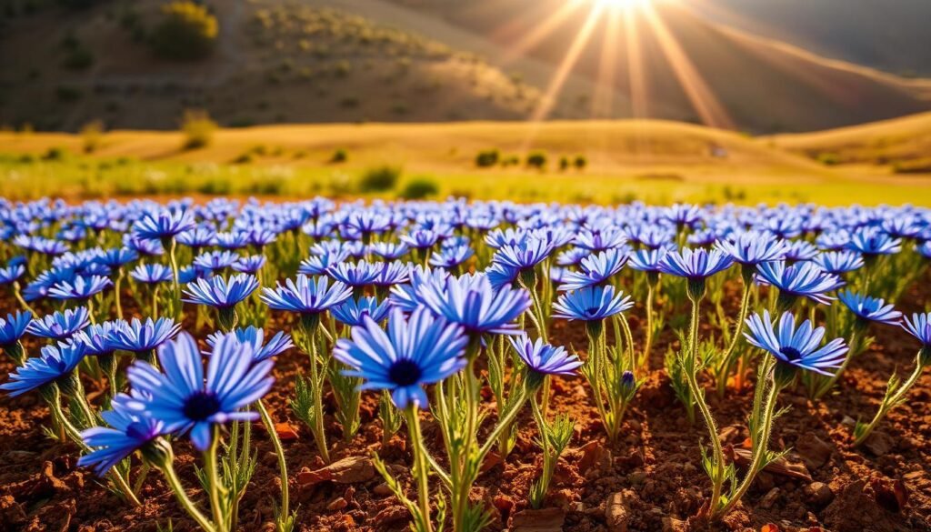 A lush field of vibrant blue cornflowers (Centaurea cyanus) stretches out under a warm, golden afternoon sun. The flowers sway gently in a light breeze, their delicate petals complementing the rich, fertile soil beneath. The scene showcases the ideal growing conditions for this beloved wildflower - well-drained, nutrient-rich earth in a sunny location. In the background, a gently rolling hillside provides a picturesque backdrop, hinting at the natural habitat where cornflowers thrive. The overall impression is one of natural abundance and the perfect site for cultivating these charming, iconic blooms.