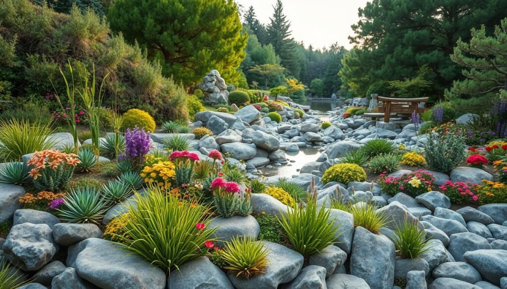 A lush, flourishing Steingarten with an abundance of natural textures and vibrant colors. In the foreground, a variety of drought-resistant plants such as succulents, grasses, and low-growing flowering perennials cascade over smooth river rocks. The middle ground features carefully placed boulders and stones of varying shapes and sizes, creating a serene, Japanese-inspired landscape. In the background, a tranquil stream or small pond reflects the natural beauty, framed by a verdant backdrop of towering trees and shrubs. Warm, diffused lighting illuminates the scene, evoking a sense of peaceful harmony. A wide-angle, detailed lens captures the full depth and scale of this inspiring Steingarten design. A lush, flourishing Steingarten with an abundance of natural textures and vibrant colors. In the foreground, a variety of drought-resistant plants such as succulents, grasses, and low-growing flowering perennials cascade over smooth river rocks. The middle ground features carefully placed boulders and stones of varying shapes and sizes, creating a serene, Japanese-inspired landscape. In the background, a tranquil stream or small pond reflects the natural beauty, framed by a verdant backdrop of towering trees and shrubs. Warm, diffused lighting illuminates the scene, evoking a sense of peaceful harmony. A wide-angle, detailed lens captures the full depth and scale of this inspiring Steingarten design.