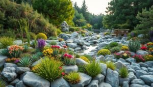 A lush, flourishing Steingarten with an abundance of natural textures and vibrant colors. In the foreground, a variety of drought-resistant plants such as succulents, grasses, and low-growing flowering perennials cascade over smooth river rocks. The middle ground features carefully placed boulders and stones of varying shapes and sizes, creating a serene, Japanese-inspired landscape. In the background, a tranquil stream or small pond reflects the natural beauty, framed by a verdant backdrop of towering trees and shrubs. Warm, diffused lighting illuminates the scene, evoking a sense of peaceful harmony. A wide-angle, detailed lens captures the full depth and scale of this inspiring Steingarten design.