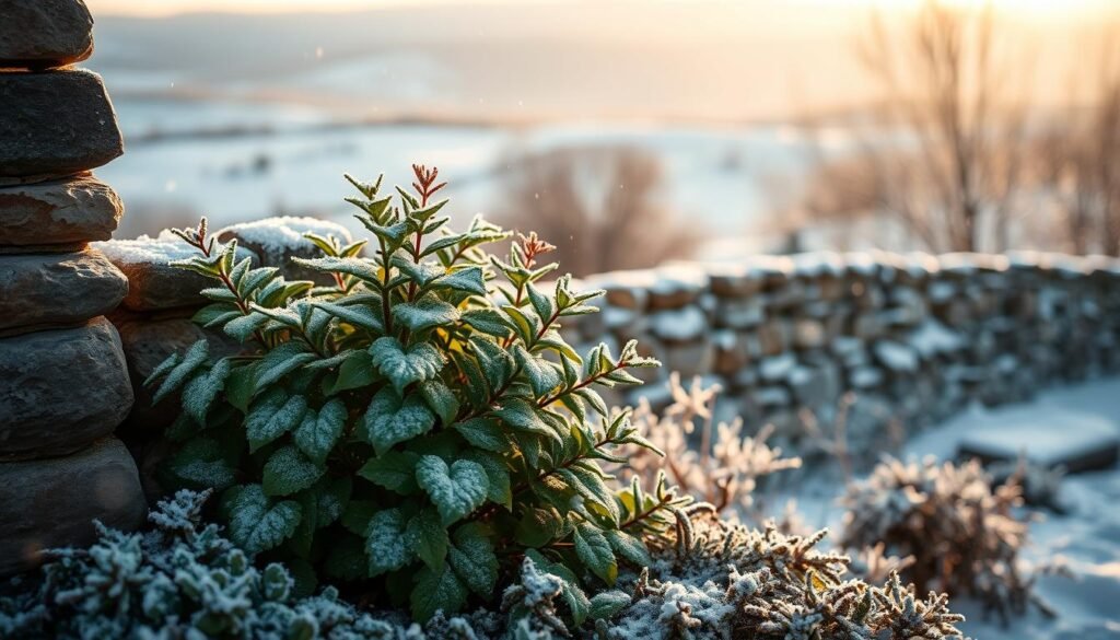 A lush, frost-kissed scene of a hardy Funkien plant nestled in a cozy winter garden. Gently falling snow dances in the air, casting a soft, glowing light upon the plant's sturdy leaves and stems. The Funkien stands resolute, its vibrant green hues muted by the season yet still radiating a quiet resilience. In the middle ground, a weathered stone wall provides a natural backdrop, its craggy texture complementing the plant's rugged form. The background fades into a serene winter landscape, with rolling hills blanketed in a pristine white mantle. Warm, diffused lighting filters through the scene, imbuing it with a sense of tranquility and protection, as if the Funkien is being gently guarded from the harshest ravages of the cold.