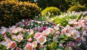 A lush garden bed filled with blooming Lenzrosen (Helleborus orientalis), their delicate flowers in shades of pink, white, and purple nestled among verdant foliage. In the middle ground, clusters of other perennial plants like Anemone, Bergenia, and Pulmonaria add complementary colors and textures, creating a harmonious and visually striking composition. The background features a soft, out-of-focus backdrop of leafy shrubs and trees, adding depth and a sense of tranquility. Warm, diffused natural lighting casts a gentle glow over the scene, highlighting the intricate details of the flowers and surrounding foliage. A wide, shallow depth of field keeps the Lenzrosen in sharp focus, drawing the viewer's eye to the captivating star of the display.