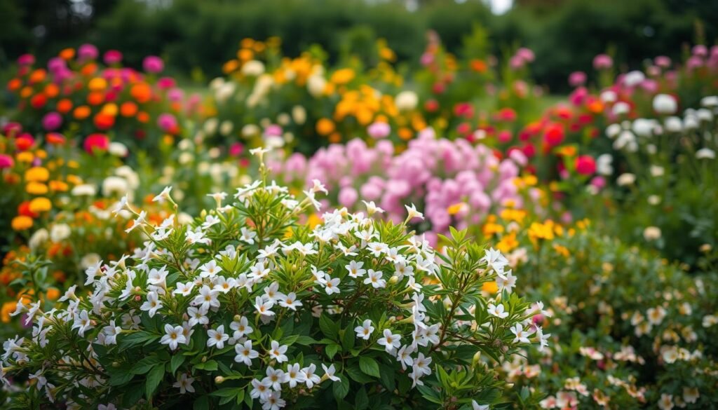 A lush garden bursting with vibrant blooms against a backdrop of changing seasons. In the foreground, a verdant shrub adorned with delicate flowers in pastel hues that dance in a gentle breeze. The middle ground showcases a variety of flowering bushes, each reflecting the unique beauty of spring, summer, autumn, and winter. The background gently fades into a softly lit, naturalistic scene, creating a sense of depth and harmony. Soft, diffused lighting illuminates the vibrant colors and natural textures, evoking a serene, picturesque atmosphere. Captured with a wide-angle lens to showcase the breadth of this seasonal tapestry, the image invites the viewer to experience the enchanting cycle of Blütensträucher throughout the year. A lush garden bursting with vibrant blooms against a backdrop of changing seasons. In the foreground, a verdant shrub adorned with delicate flowers in pastel hues that dance in a gentle breeze. The middle ground showcases a variety of flowering bushes, each reflecting the unique beauty of spring, summer, autumn, and winter. The background gently fades into a softly lit, naturalistic scene, creating a sense of depth and harmony. Soft, diffused lighting illuminates the vibrant colors and natural textures, evoking a serene, picturesque atmosphere. Captured with a wide-angle lens to showcase the breadth of this seasonal tapestry, the image invites the viewer to experience the enchanting cycle of Blütensträucher throughout the year.