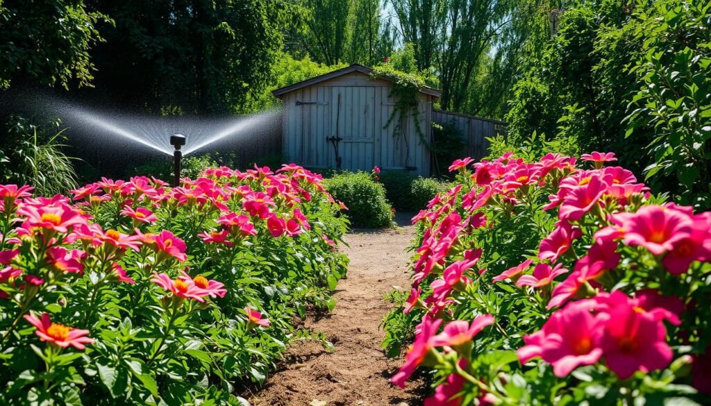 A lush garden bursting with vibrant blooms, the sunlight gently filtering through verdant foliage. In the foreground, rows of flowers sway gently, their petals radiant and full. In the middle ground, a sprinkler system mists the soil, nourishing the thirsty plants. Farther back, a weathered shed stands, its walls partially obscured by trailing vines and leaves. The overall scene conveys a sense of tranquility and abundance, a harmonious balance between the gardener's care and nature's effortless beauty.