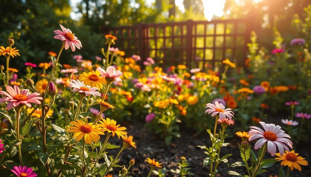 A lush garden filled with an array of vibrant summer flowers, bathed in warm afternoon sunlight and set against a backdrop of verdant foliage. In the foreground, various blooms in hues of pink, yellow, and purple sway gently in a soft breeze, their petals delicately illuminated. The middle ground showcases a well-tended flower bed, the soil rich and dark, with thoughtfully placed plants creating a harmonious composition. In the distance, a wooden fence or trellis frames the scene, adding depth and a sense of tranquility. The overall atmosphere conveys a serene, inviting ambiance, perfect for contemplating the best placement and care for summer flowers in the garden. A lush garden filled with an array of vibrant summer flowers, bathed in warm afternoon sunlight and set against a backdrop of verdant foliage. In the foreground, various blooms in hues of pink, yellow, and purple sway gently in a soft breeze, their petals delicately illuminated. The middle ground showcases a well-tended flower bed, the soil rich and dark, with thoughtfully placed plants creating a harmonious composition. In the distance, a wooden fence or trellis frames the scene, adding depth and a sense of tranquility. The overall atmosphere conveys a serene, inviting ambiance, perfect for contemplating the best placement and care for summer flowers in the garden.