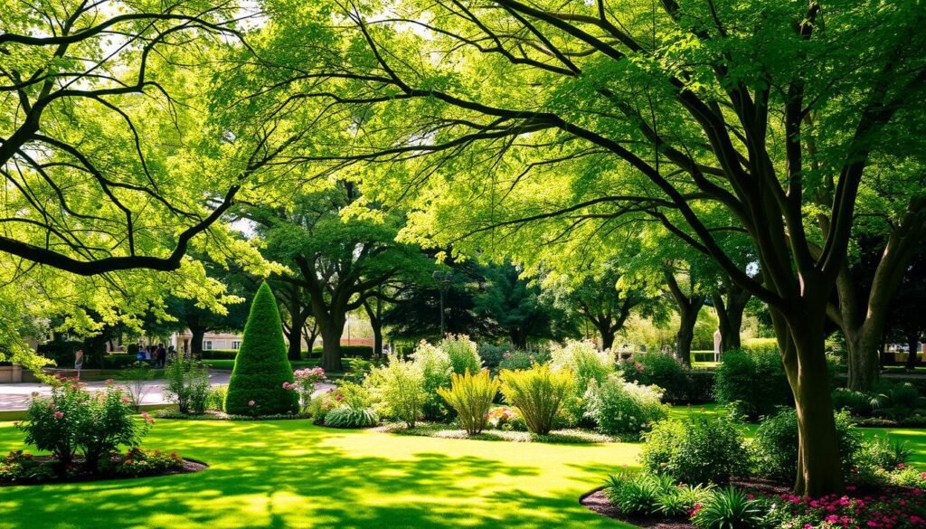 A lush garden filled with gracefully branching trees that cast a gentle, dappled shade across the tranquil scene. Sunlight filters through the verdant canopy, creating a warm, inviting atmosphere. The foreground features a well-manicured lawn dotted with vibrant flowers, while the middle ground showcases a variety of ornamental trees with diverse foliage textures and shades of green. In the background, a row of towering, mature trees forms a natural boundary, their sturdy trunks and spreading limbs providing ample shade and a sense of depth. The overall composition exudes a serene, picturesque quality, perfectly capturing the essence of a delightful, decorative garden.