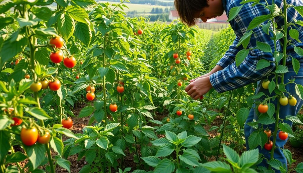 A lush garden filled with vibrant tomato plants, their leaves gently swaying in the soft morning light. In the foreground, a gardener's hands carefully prune and train the plants, demonstrating the delicate technique of "tomaten ausgeizen" - the removal of suckers to focus the plant's energy on the main stems and fruit. The mid-ground showcases the healthy, verdant foliage, while the background frames the scene with a picturesque rural landscape, hinting at the larger context of the gardener's work. The overall mood is one of tranquil productivity, inviting the viewer to learn and engage with this essential horticultural practice. A lush garden filled with vibrant tomato plants, their leaves gently swaying in the soft morning light. In the foreground, a gardener's hands carefully prune and train the plants, demonstrating the delicate technique of "tomaten ausgeizen" - the removal of suckers to focus the plant's energy on the main stems and fruit. The mid-ground showcases the healthy, verdant foliage, while the background frames the scene with a picturesque rural landscape, hinting at the larger context of the gardener's work. The overall mood is one of tranquil productivity, inviting the viewer to learn and engage with this essential horticultural practice.