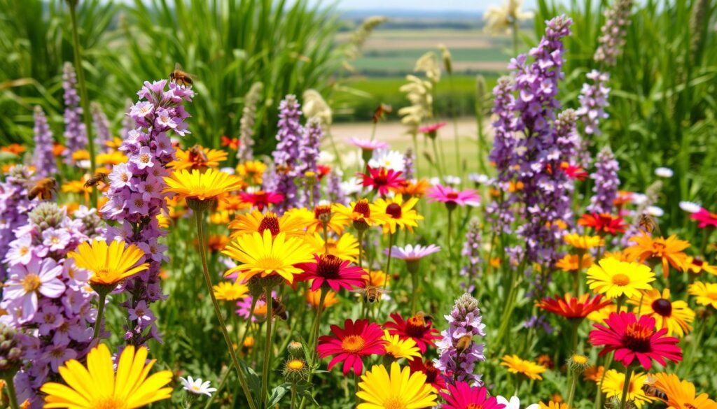 A lush garden in full bloom, with vibrant wildflowers and thriving insect life. In the foreground, a profusion of colorful blooms - delicate petals of lavender, sunny yellow, and deep crimson. Buzzing honeybees and fluttering butterflies dance among the flowers, their intricate wings catching the warm afternoon sunlight. In the middle ground, tall, swaying perennial plants sway gently, their green foliage providing a verdant backdrop. The background reveals a serene landscape, with a soft, hazy sky above. The overall scene exudes a sense of natural harmony and abundance, inviting the viewer to immerse themselves in this captivating botanical oasis.