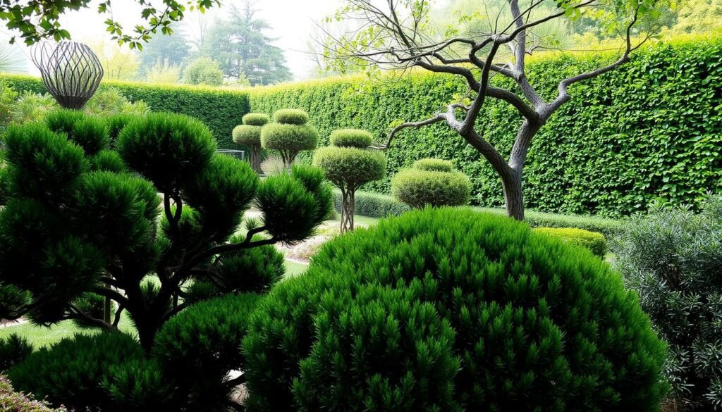 A lush garden oasis with a mix of evergreen and deciduous shrubs, their branching structures and varied foliage creating a harmonious, structural composition. In the foreground, a cluster of shapely, textured bushes anchors the scene, their bold silhouettes casting dramatic shadows. The middle ground features a trio of ornamental trees, their sculptural canopies casting dappled light and adding depth. In the background, a verdant hedge encloses the space, providing a sense of enclosure and privacy. The lighting is soft and diffused, lending a serene, natural ambiance to the scene. The overall mood is one of considered, elegant garden design, showcasing the essential role of structural plantings in creating a visually compelling outdoor space.
