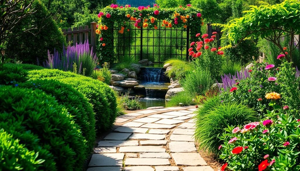 A lush garden oasis with a step-by-step path winding through. In the foreground, stone pavers and stepping stones lead the eye deeper into the scene. Towering green shrubs and leafy perennials frame the path, their textures and hues creating a sense of depth. In the middle ground, a tranquil water feature with a gently cascading waterfall reflects the sunlight, casting shimmering patterns on the surrounding foliage. In the background, a wooden fence or trellis is adorned with trailing vines and blooming flowers, adding a touch of rustic charm. The overall lighting is soft and diffused, creating a warm, inviting atmosphere. The composition emphasizes the step-by-step journey through this lush, harmonious garden landscape. A lush garden oasis with a step-by-step path winding through. In the foreground, stone pavers and stepping stones lead the eye deeper into the scene. Towering green shrubs and leafy perennials frame the path, their textures and hues creating a sense of depth. In the middle ground, a tranquil water feature with a gently cascading waterfall reflects the sunlight, casting shimmering patterns on the surrounding foliage. In the background, a wooden fence or trellis is adorned with trailing vines and blooming flowers, adding a touch of rustic charm. The overall lighting is soft and diffused, creating a warm, inviting atmosphere. The composition emphasizes the step-by-step journey through this lush, harmonious garden landscape.