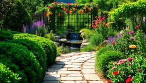 A lush garden oasis with a step-by-step path winding through. In the foreground, stone pavers and stepping stones lead the eye deeper into the scene. Towering green shrubs and leafy perennials frame the path, their textures and hues creating a sense of depth. In the middle ground, a tranquil water feature with a gently cascading waterfall reflects the sunlight, casting shimmering patterns on the surrounding foliage. In the background, a wooden fence or trellis is adorned with trailing vines and blooming flowers, adding a touch of rustic charm. The overall lighting is soft and diffused, creating a warm, inviting atmosphere. The composition emphasizes the step-by-step journey through this lush, harmonious garden landscape.