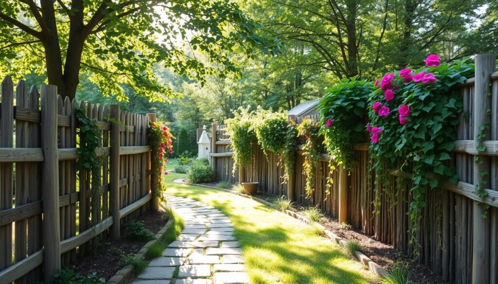 A lush garden path winding through a verdant landscape, framed by a creative DIY fence made of reclaimed wood and natural materials. Dappled sunlight filters through leafy trees, casting warm shadows on the gently worn stone pavers. Vibrant flowering vines and trailing plants spill over the rustic barrier, creating a whimsical, budget-friendly display of greenery. The overall scene evokes a sense of tranquility and a harmonious blending of nature with handcrafted, cost-effective design elements. A lush garden path winding through a verdant landscape, framed by a creative DIY fence made of reclaimed wood and natural materials. Dappled sunlight filters through leafy trees, casting warm shadows on the gently worn stone pavers. Vibrant flowering vines and trailing plants spill over the rustic barrier, creating a whimsical, budget-friendly display of greenery. The overall scene evokes a sense of tranquility and a harmonious blending of nature with handcrafted, cost-effective design elements.