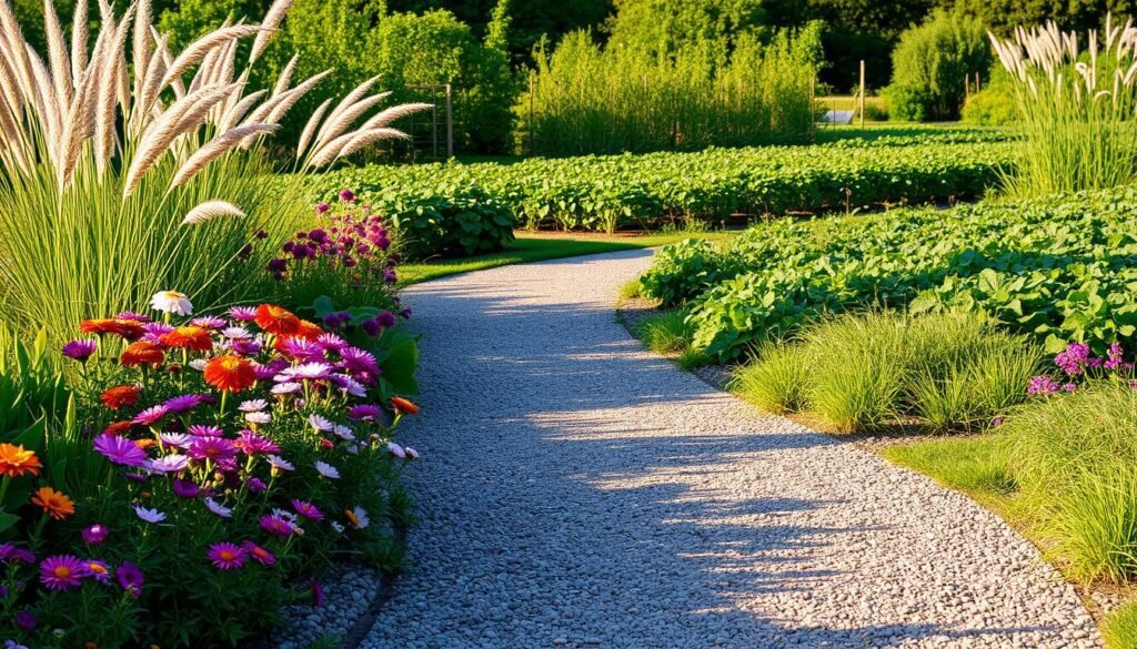 A lush, garden path winding through a verdant landscape. In the foreground, a mix of textured paving stones and crushed gravel create an inviting walkway, bordered by vibrant perennial flowers in a variety of colors. Tall, swaying grasses and gently arching shrubs line the middle ground, casting soft shadows across the path. In the background, a bountiful vegetable garden thrives, with rows of leafy greens and burgeoning produce. The scene is bathed in warm, golden light, creating a serene and tranquil atmosphere, perfect for a peaceful stroll through the garden.