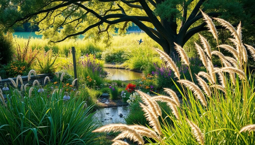 A lush garden scene showcasing the ecological benefits of ornamental grasses. In the foreground, a variety of native grass species sway gently in a soft breeze, their delicate plumes catching the warm sunlight. Beyond, a diverse array of vibrant wildflowers and pollinator-friendly plants intermingle, creating a vibrant tapestry of colors and textures. In the middle ground, a small pond reflects the surrounding greenery, its surface alive with aquatic life. In the background, a mature deciduous tree canopy provides dappled shade, while birds flit between the branches, adding to the tranquil, naturalistic atmosphere. The overall composition conveys the harmony and biodiversity that ornamental grasses can bring to a garden setting.