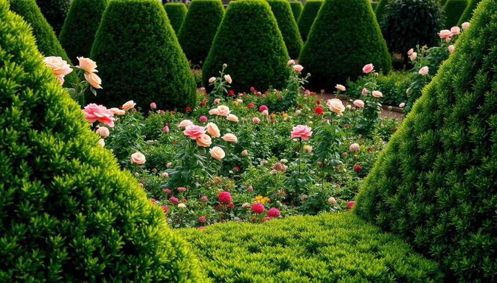 A lush garden scene with a careful arrangement of meticulously trimmed shrubs and rose bushes. In the foreground, a well-manicured hedge frames the composition, its sharp, geometric edges contrasting with the soft, organic curves of the roses. The middle ground showcases a variety of perennial plants, their vibrant foliage and blooms creating a colorful tapestry. Soft, diffused natural lighting illuminates the scene, casting gentle shadows and highlights that accentuate the textural details. The overall atmosphere is one of tranquility and precision, reflecting the diligent care and attention given to the gardening practice. The composition is balanced and harmonious, inviting the viewer to appreciate the beauty and order of this expertly maintained outdoor space.