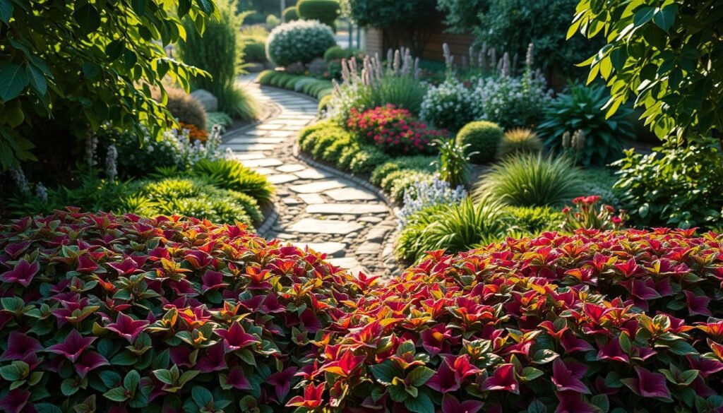 A lush garden scene with vibrant Bodendecker groundcovers covering the foreground. The plants spill over the edges, creating a cascading effect. In the middle ground, a variety of perennials and shrubs thrive, creating a layered, textured landscape. The background features a stone path winding through the garden, leading the eye deeper into the composition. Warm, diffused natural light filters through the leaves, casting soft shadows and highlighting the details of the plants. The overall mood is one of tranquility and natural harmony, inviting the viewer to imagine strolling through this verdant, well-tended garden. A lush garden scene with vibrant Bodendecker groundcovers covering the foreground. The plants spill over the edges, creating a cascading effect. In the middle ground, a variety of perennials and shrubs thrive, creating a layered, textured landscape. The background features a stone path winding through the garden, leading the eye deeper into the composition. Warm, diffused natural light filters through the leaves, casting soft shadows and highlighting the details of the plants. The overall mood is one of tranquility and natural harmony, inviting the viewer to imagine strolling through this verdant, well-tended garden.