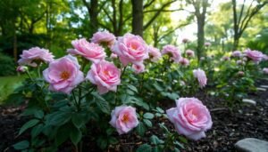 A lush garden setting where Lenzroses bloom in the foreground, their delicate pink petals catching the soft, diffused sunlight filtering through the canopy of trees in the background. The soil is rich and well-drained, with a few strategically placed rocks providing visual interest and drainage. The camera angle is slightly elevated, allowing the viewer to appreciate the harmonious arrangement of the flowering plants against the verdant backdrop. An atmosphere of tranquility and natural beauty pervades the scene, inviting the viewer to imagine the perfect spot to cultivate these enchanting winter roses.