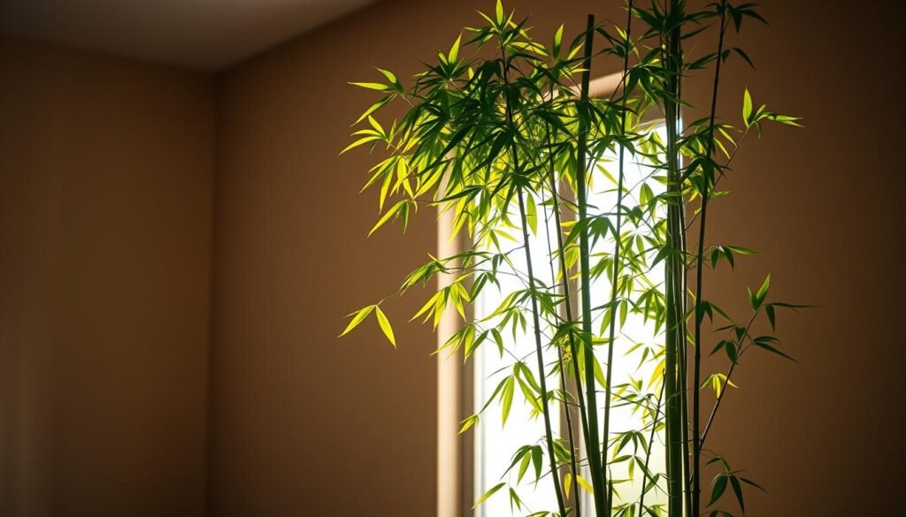 A lush green bamboo plant thriving in a serene indoor setting. The Glücksbambus stands tall and proud, its slender stalks reaching towards the sky. Soft, natural lighting filters in from a nearby window, casting a warm, soothing glow on the plant's vibrant foliage. The bamboo's leaves are lush and healthy, each one gently swaying in a gentle breeze. The background is a minimalist, earthy-toned room, providing a clean, calming backdrop that allows the Glücksbambus to be the true focal point. The overall scene exudes a sense of tranquility and harmony, perfectly capturing the ideal conditions for this lucky bamboo to flourish.