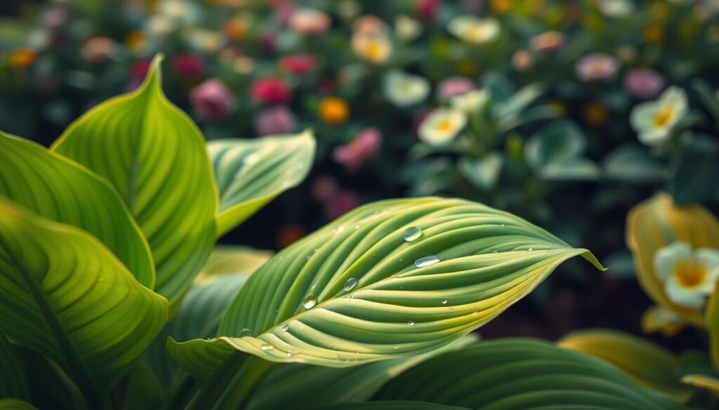 A lush, green garden scene with a close-up view of a Funkien plant, also known as a hosta. The plant's large, vibrant leaves fill the frame, with water droplets glistening on their surface. In the background, a soft, blurred landscape of other Funkien plants and flowers create a dreamy, serene atmosphere. Warm, diffused lighting illuminates the scene, casting gentle shadows and highlighting the plant's delicate texture. The composition is balanced and focused, drawing the viewer's attention to the intricate details of the Funkien leaf and its care.