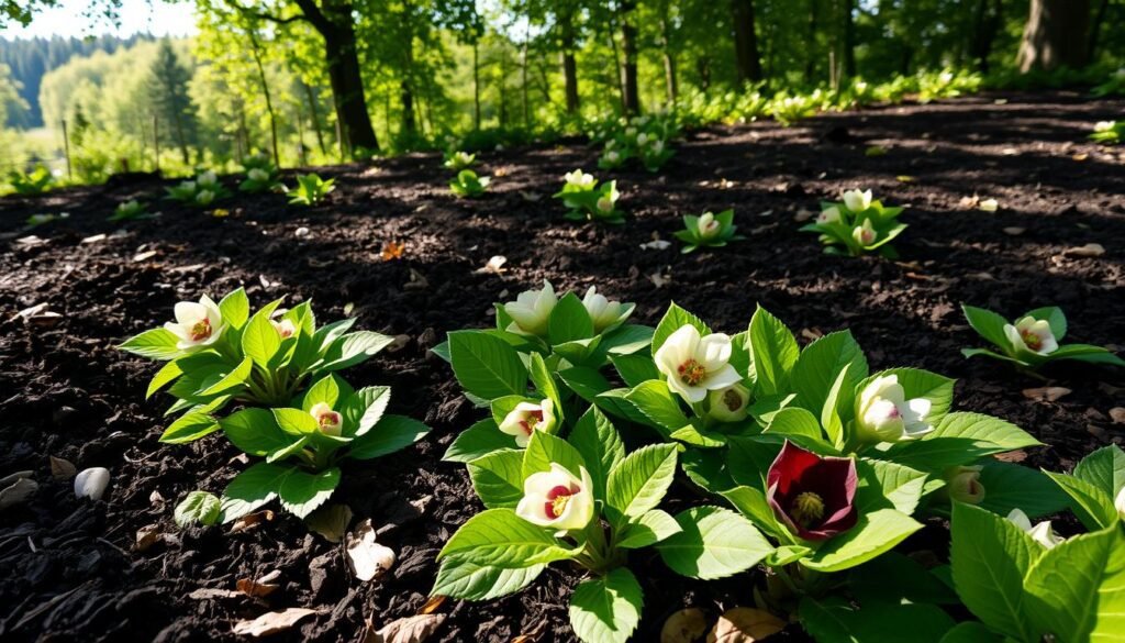 A lush, healthy garden bed filled with thriving Lenten roses (Helleborus orientalis), surrounded by rich, loamy compost. The soil is dark, nutrient-dense, and teeming with organic matter, creating the ideal growing conditions for these early-blooming perennials. Dappled sunlight filters through the canopy, casting a warm, natural glow over the scene. In the foreground, the Lenten rose foliage is vibrant green, with delicate, cup-shaped flowers in shades of white, pink, and burgundy emerging from the center. The middle ground features a scattering of fallen leaves and a few scattered pebbles, adding texture and depth to the composition. In the background, a verdant, wooded landscape frames the gardening tableau, conveying a sense of tranquility and harmony. A lush, healthy garden bed filled with thriving Lenten roses (Helleborus orientalis), surrounded by rich, loamy compost. The soil is dark, nutrient-dense, and teeming with organic matter, creating the ideal growing conditions for these early-blooming perennials. Dappled sunlight filters through the canopy, casting a warm, natural glow over the scene. In the foreground, the Lenten rose foliage is vibrant green, with delicate, cup-shaped flowers in shades of white, pink, and burgundy emerging from the center. The middle ground features a scattering of fallen leaves and a few scattered pebbles, adding texture and depth to the composition. In the background, a verdant, wooded landscape frames the gardening tableau, conveying a sense of tranquility and harmony.