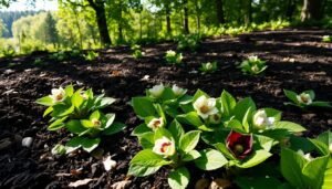 A lush, healthy garden bed filled with thriving Lenten roses (Helleborus orientalis), surrounded by rich, loamy compost. The soil is dark, nutrient-dense, and teeming with organic matter, creating the ideal growing conditions for these early-blooming perennials. Dappled sunlight filters through the canopy, casting a warm, natural glow over the scene. In the foreground, the Lenten rose foliage is vibrant green, with delicate, cup-shaped flowers in shades of white, pink, and burgundy emerging from the center. The middle ground features a scattering of fallen leaves and a few scattered pebbles, adding texture and depth to the composition. In the background, a verdant, wooded landscape frames the gardening tableau, conveying a sense of tranquility and harmony.