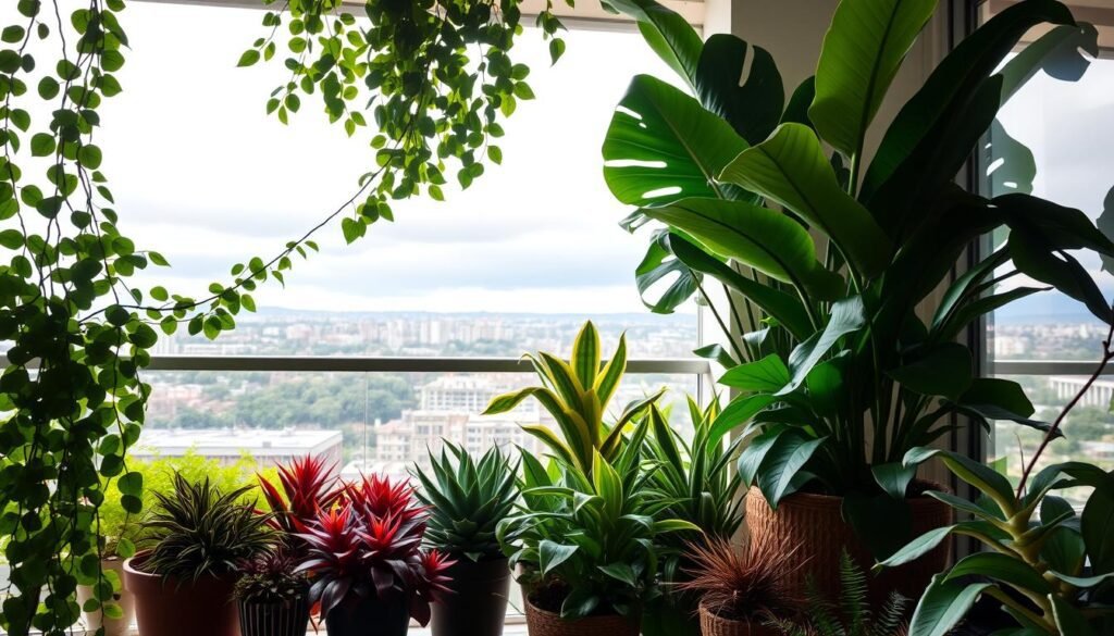 A lush indoor balcony scene, bathed in soft natural light. In the foreground, a mix of vibrant potted plants - trailing ivy, leafy ferns, and colorful succulents - arranged in a harmonious composition. In the middle ground, a collection of thriving houseplants, including a tall, verdant monstera and graceful snake plant. The background features a panoramic view through floor-to-ceiling windows, revealing a scenic urban landscape with distant buildings and a cloudy sky. The overall atmosphere is one of tranquility and indoor-outdoor harmony.