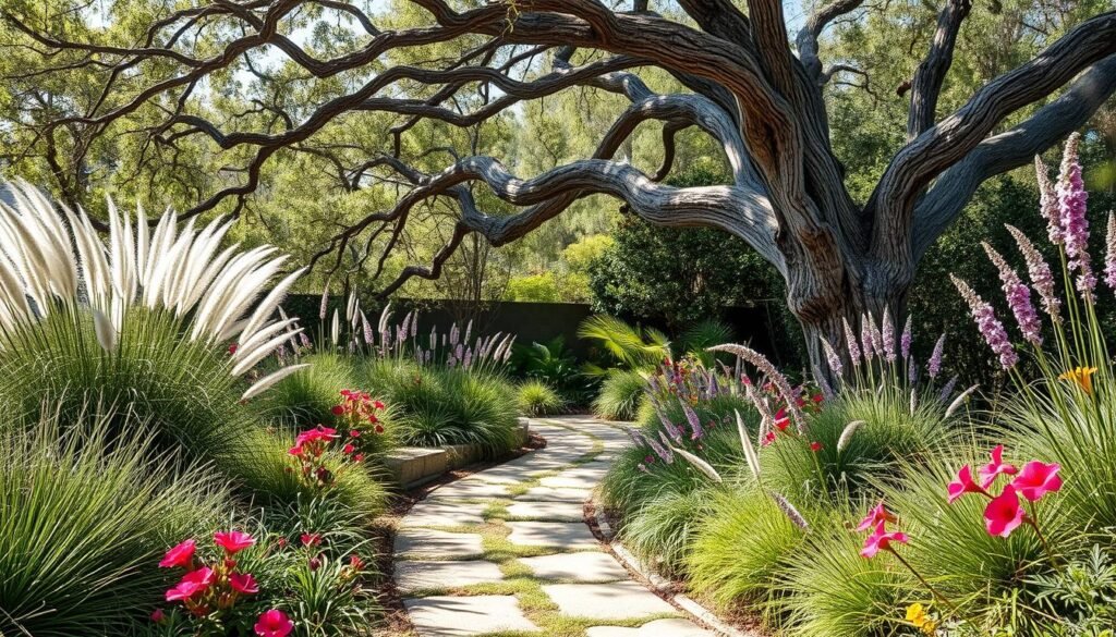 A lush, low-maintenance garden in soft, natural tones. A meandering pathway leads through a harmonious mix of drought-resistant perennials and carefully chosen ornamental grasses. Bursts of color from vibrant blooms punctuate the serene composition. Dappled sunlight filters through the canopy of a mature, gnarled tree, casting gentle shadows across the scene. The overall atmosphere is one of tranquility and effortless beauty, inviting the viewer to discover the simple joys of a well-designed, carefree outdoor space.