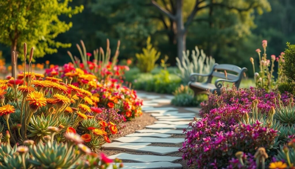 A lush, low-maintenance garden with vibrant blooms and a serene atmosphere. A tranquil foreground showcases a variety of drought-tolerant succulents and perennials, their colors popping against a soft, natural backdrop. In the middle ground, a winding stone path leads the eye towards a charming, weathered garden bench, inviting one to pause and admire the scene. The background gently fades into a hazy, out-of-focus forest, creating a sense of depth and seclusion. Soft, diffused lighting casts a warm, golden glow, enhancing the garden's peaceful ambiance. Angles are slightly elevated to provide an elevated, panoramic view, capturing the essence of a low-maintenance, visually appealing garden oasis.