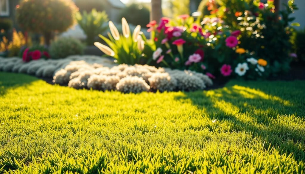 A lush, low-maintenance lawn bathed in warm, golden sunlight. In the foreground, a carpet of vibrant green grass, neatly trimmed and free of weeds, stretches out invitingly. The middle ground features occasional clumps of soft, textured ground cover, adding visual interest without demanding high upkeep. In the background, a picturesque garden backdrop with blooming flowers and verdant foliage sets the scene. The overall composition exudes a sense of effortless charm and relaxation, perfectly capturing the essence of a "pflegeleichter Rasen" - a low-effort, high-reward lawn that requires minimal maintenance yet enhances the beauty of the outdoor space.
