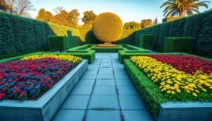 A lush, meticulously designed garden with bold geometric shapes and vibrant colors. In the foreground, sharp-edged rectangular flower beds in primary hues of red, blue, and yellow are interspersed with low-growing green hedges, creating a striking visual contrast. In the middle ground, a series of precisely trimmed cube-shaped shrubbery and angular pathways in grey stone lead the eye towards a focal point - a large, perfectly spherical topiary in the background, casting long shadows under the warm, directional lighting of the afternoon sun. The overall composition is one of harmonious balance, where the natural and the manmade coexist in a modern, artistic interpretation of the garden landscape.