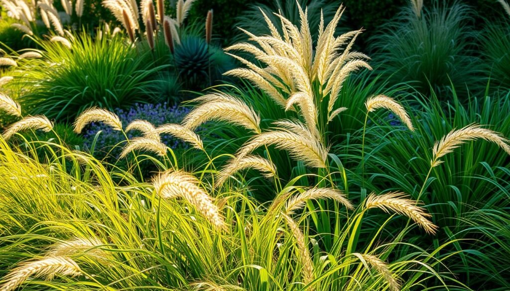 A lush, meticulously manicured garden filled with an array of ornamental grasses in various hues and textures. In the foreground, flowing tufts of delicate, feather-like Miscanthus gracefully sway in the gentle breeze, their emerald and golden tones catching the warm afternoon sunlight. In the middle ground, bold Pennisetum cultivars with their distinctive bottlebrush inflorescences add striking contrast, while in the background, wispy Stipa tenuissima creates a soft, hazy backdrop. The scene is captured with a shallow depth of field, drawing the viewer's eye to the captivating play of light and shadow among the diverse ornamental grasses, showcasing their versatility as garden design elements.