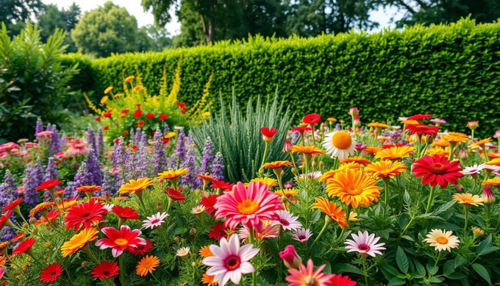 A lush, meticulously planned garden bursting with vibrant perennials, annuals, and evergreens. The foreground showcases a harmonious arrangement of blooming flowers in a variety of hues, their petals gently swaying in a soft breeze. The middle ground features a mix of textured foliage, creating depth and visual interest. In the background, a well-maintained hedge or border frames the scene, providing a sense of structure and year-round greenery. The lighting is natural and diffused, casting a warm, inviting glow over the entire composition. Captured with a wide-angle lens to convey a sense of expansive, immersive beauty, this image evokes a tranquil, serene atmosphere perfect for a lush, abundant garden designed for season-long enjoyment.
