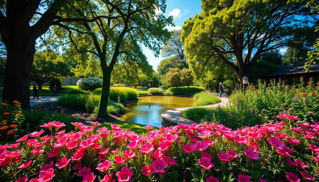 A lush, meticulously-tended garden brimming with fragrant flowers and plants. In the foreground, a well-manicured bed of vibrant blooms, their petals gently swaying in a soft breeze. Behind them, a meandering path leads to a tranquil pond, its surface reflecting the azure sky above. Towering trees with verdant foliage line the perimeter, casting dappled shadows across the scene. The lighting is warm and golden, evoking a sense of serenity and natural beauty. A smooth, wide-angle lens captures the scene, emphasizing the depth and harmony of this verdant, aromatic oasis.